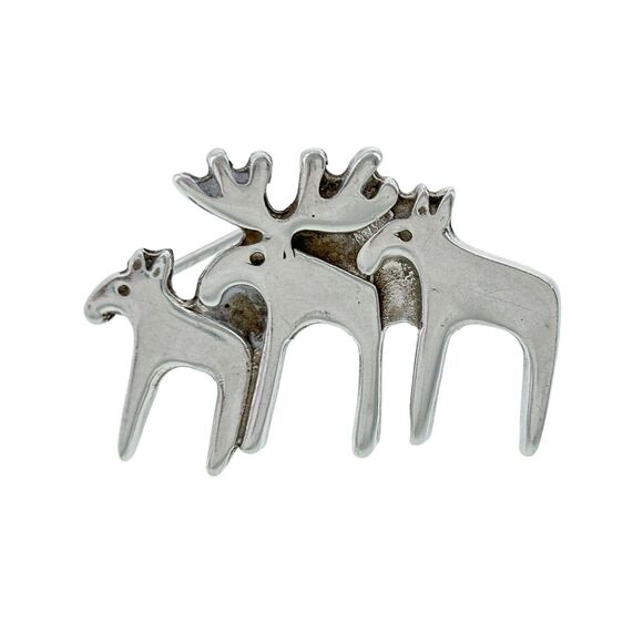Vintage R Tennesmed Sterling Silver Moose Family Herd Bull Cow Calf Pin Brooch - Picture 4 of 6